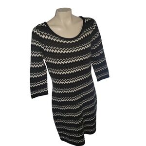 Calvin Klein Black White Chevron Knit 3/4 Sleeve Dress L Bodycon designer luxury